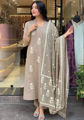 Beige Embroidered Silk Kurta Set