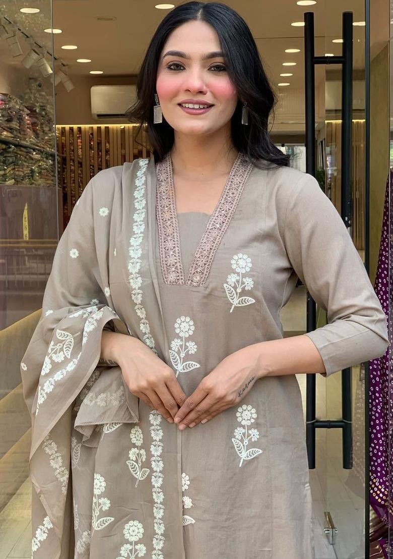 Beige Embroidered Silk Kurta Set - Indya