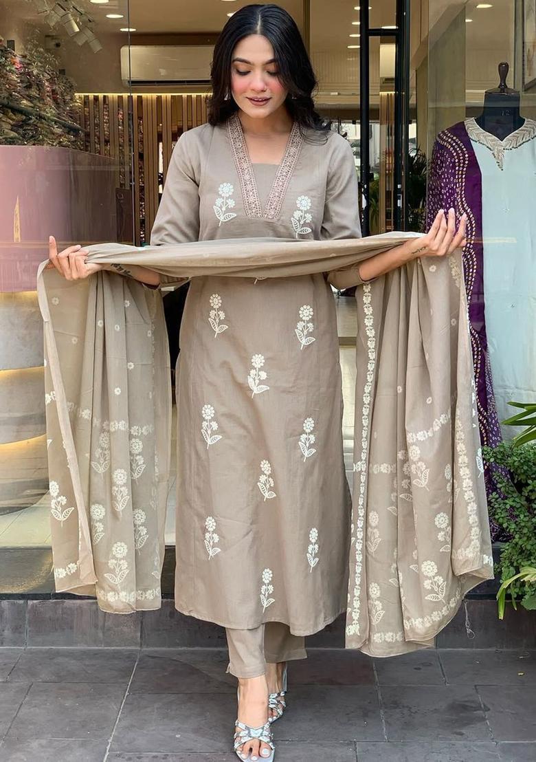 Beige Embroidered Silk Kurta Set - Indya