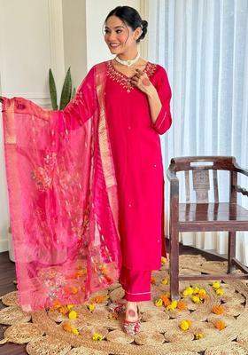 Pink Embroidered Viscose Kurta Set