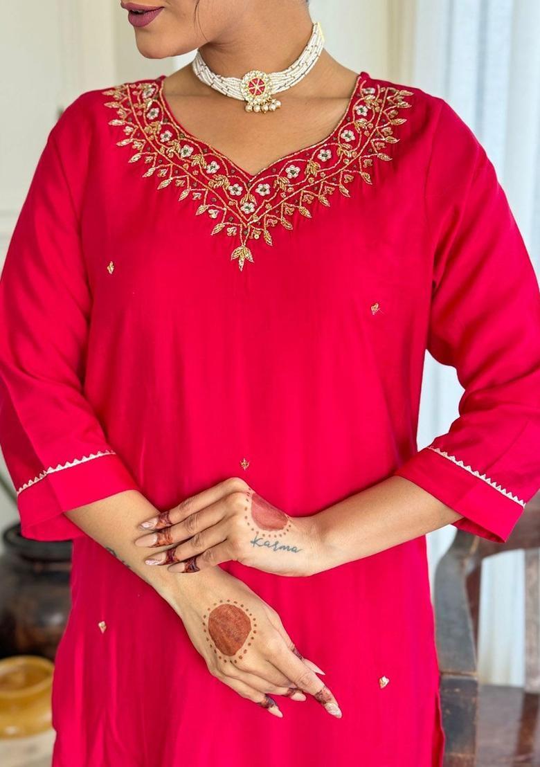 Pink Embroidered Viscose Kurta Set - Indya