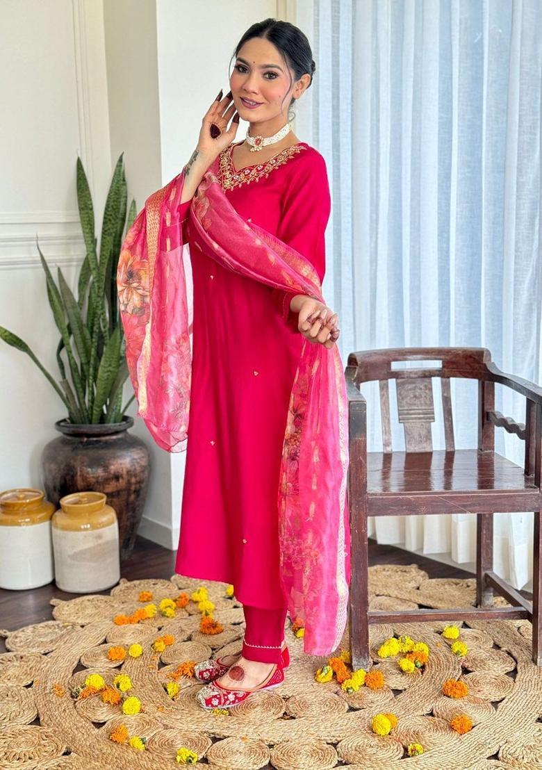 Pink Embroidered Viscose Kurta Set - Indya