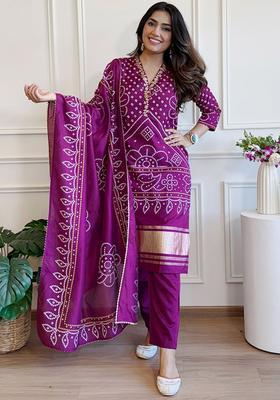 Purple Printed Viscose Kurta Set