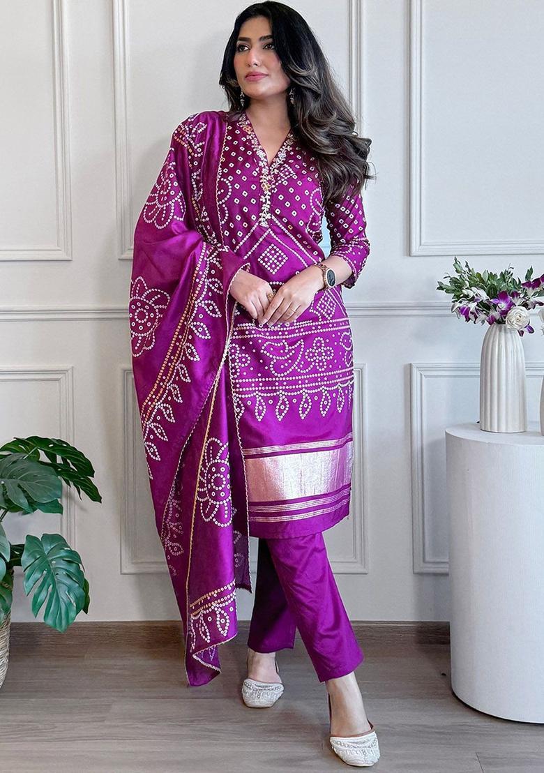 Purple Printed Viscose Kurta Set - Indya