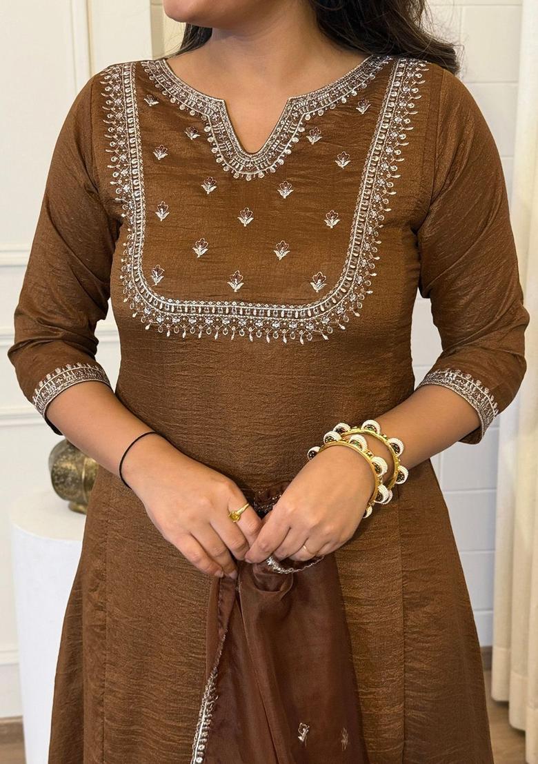 Brown Embroidered Silk Kurta Set - Indya