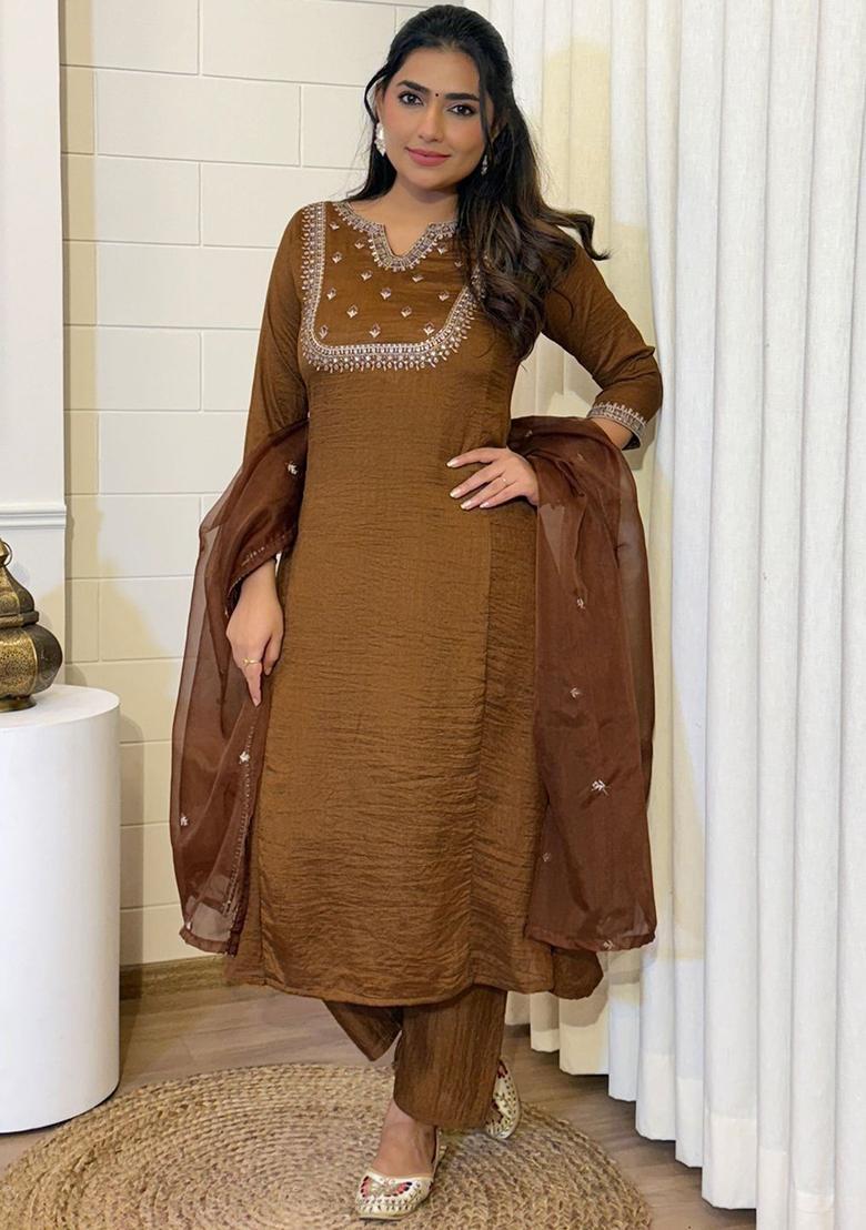 Brown Embroidered Silk Kurta Set - Indya