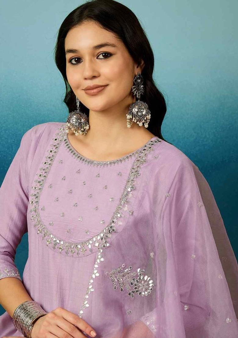 Lavender Embroidered Silk Kurta Set - Indya