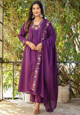 Purple Printed Viscose Kurta Set