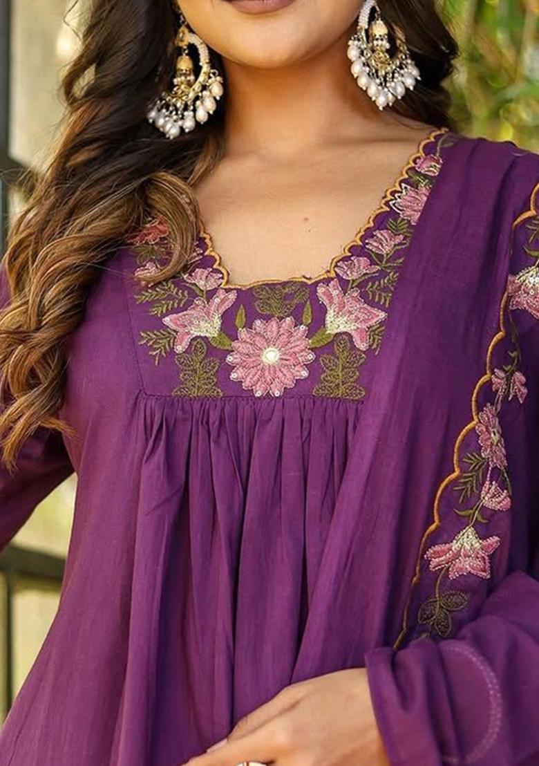 Purple Printed Viscose Kurta Set - Indya