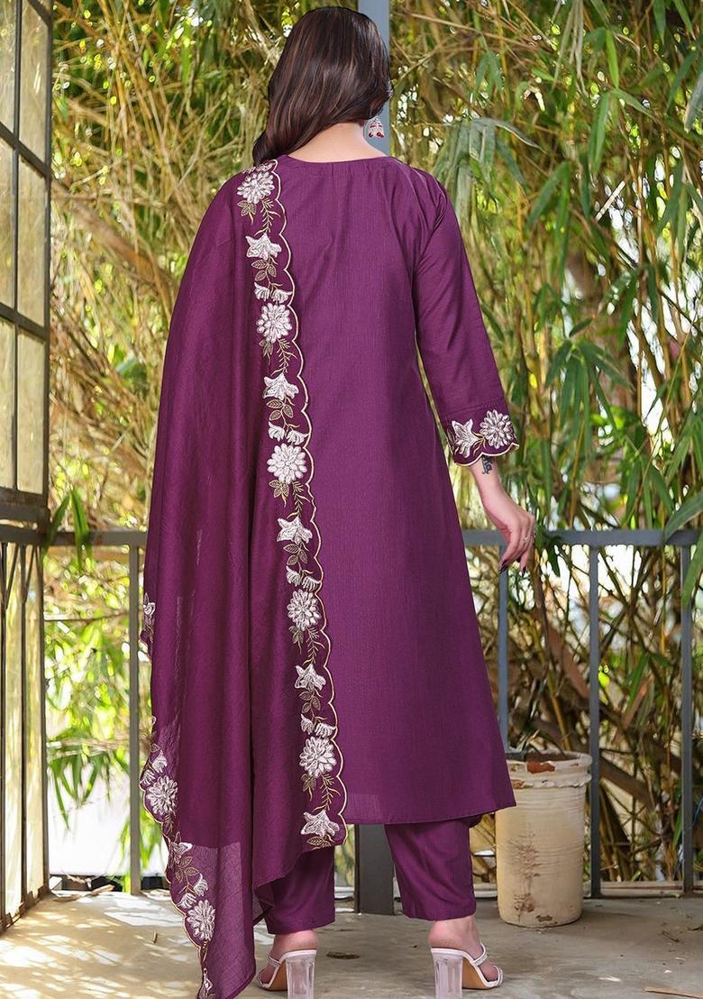 Purple Printed Viscose Kurta Set - Indya