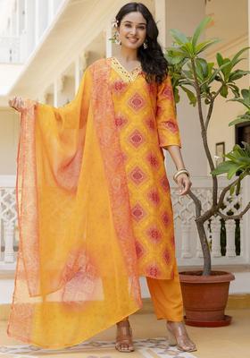 Yellow Printed Viscose Kurta Set