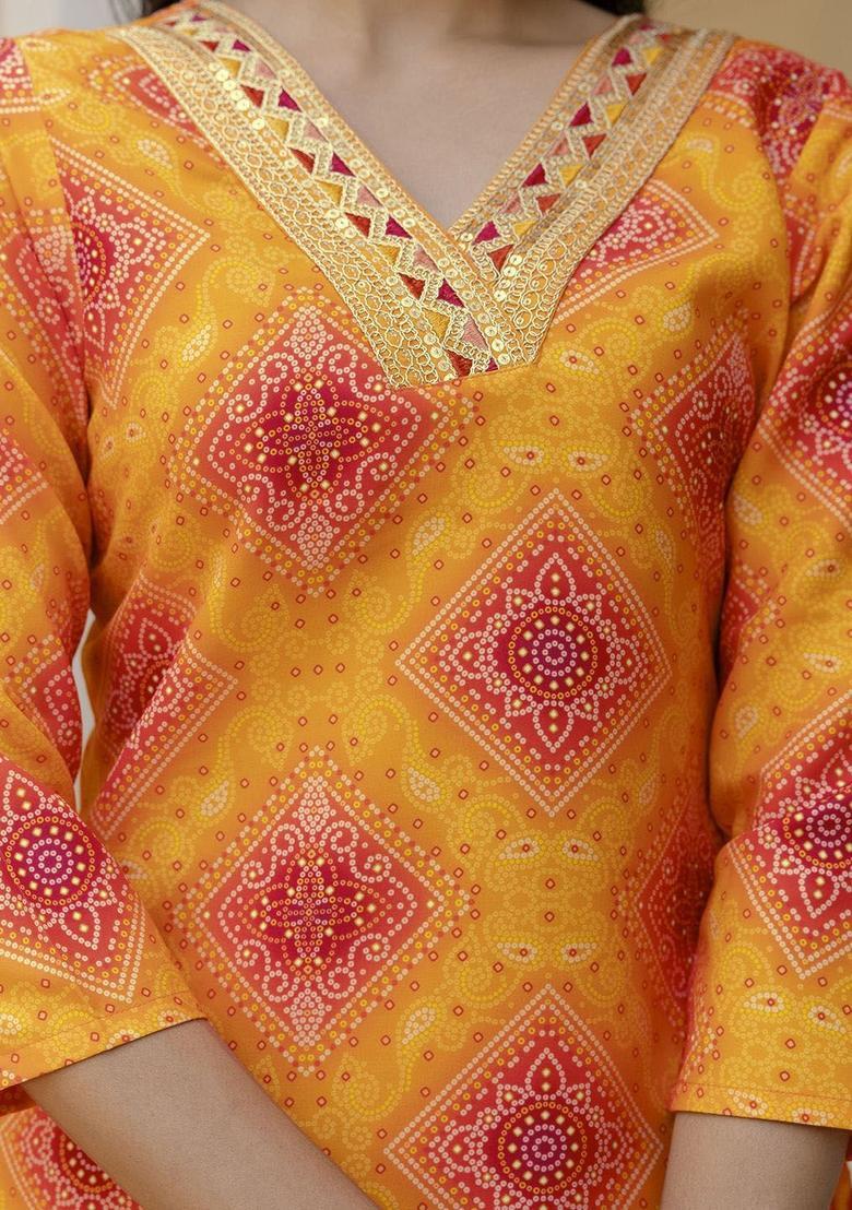 Yellow Printed Viscose Kurta Set - Indya