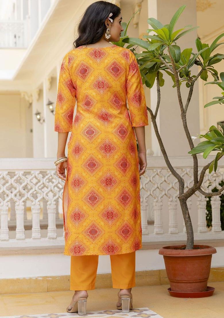 Yellow Printed Viscose Kurta Set - Indya