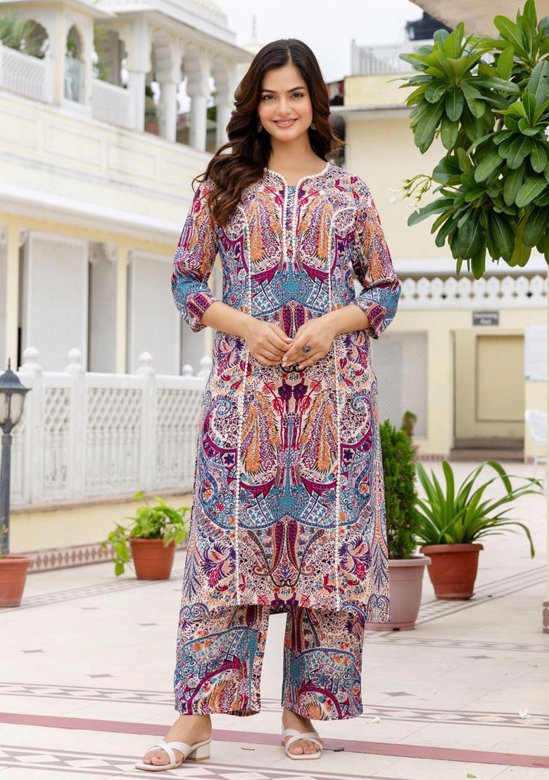 Blue Printed Viscose Kurta Set - Indya
