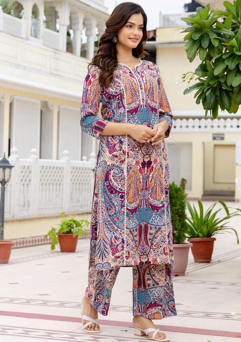 Blue Printed Viscose Kurta Set - Indya