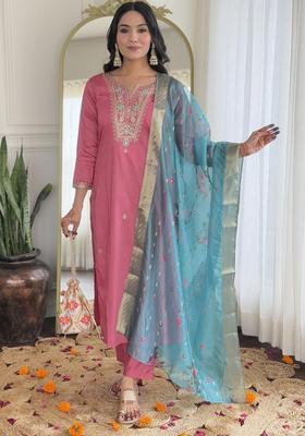 Pink Embroidered Viscose Kurta Set