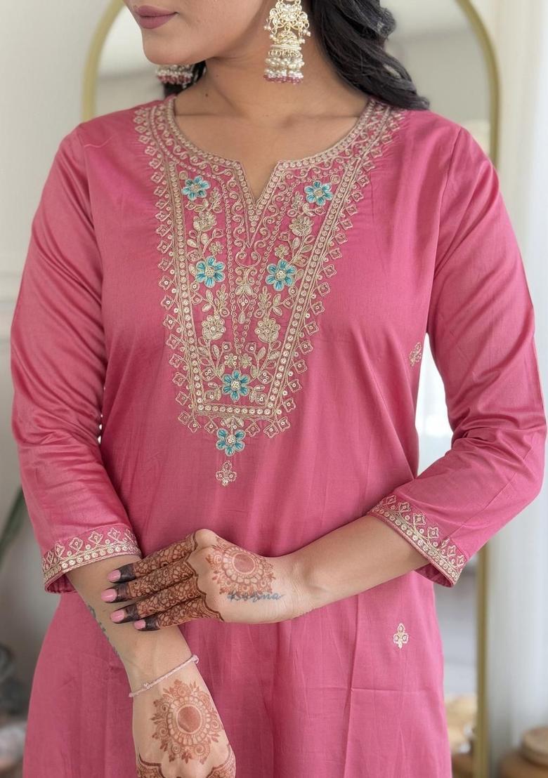 Pink Embroidered Viscose Kurta Set - Indya