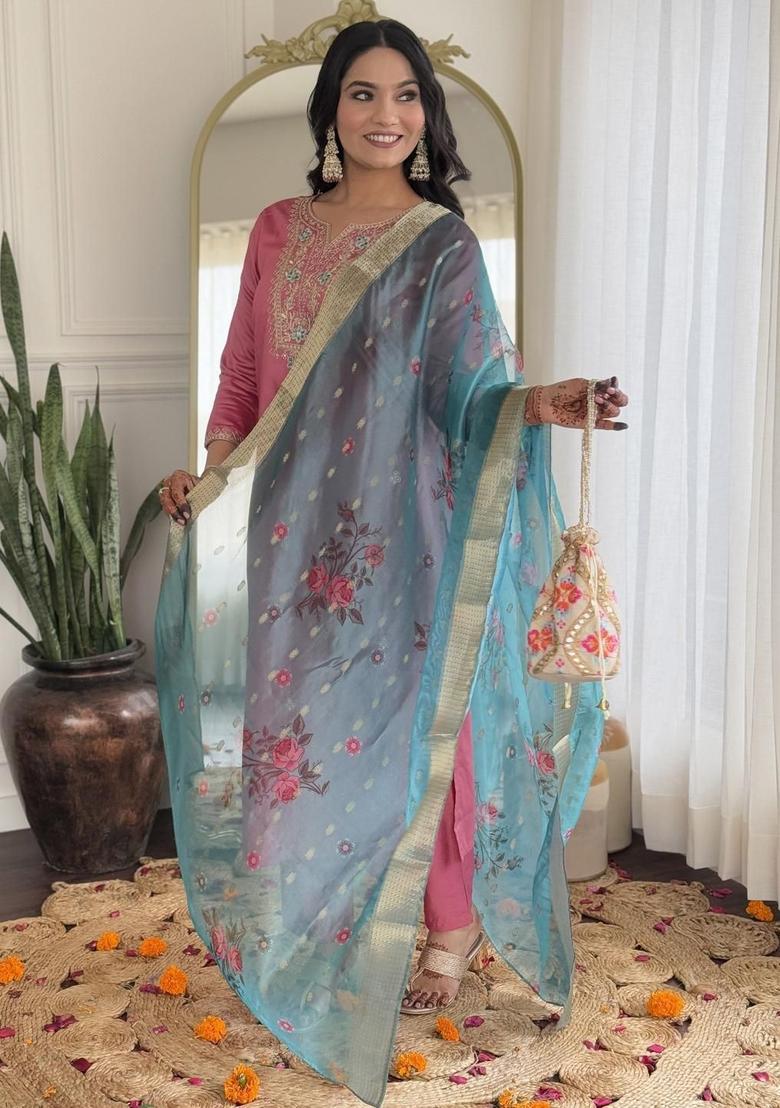 Pink Embroidered Viscose Kurta Set - Indya