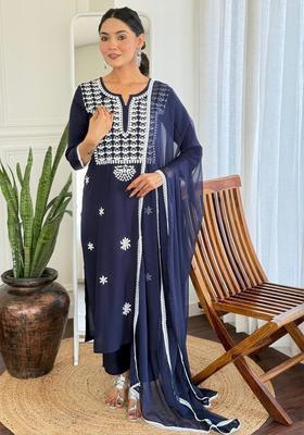 Navy Blue Embroidered Viscose Kurta Set