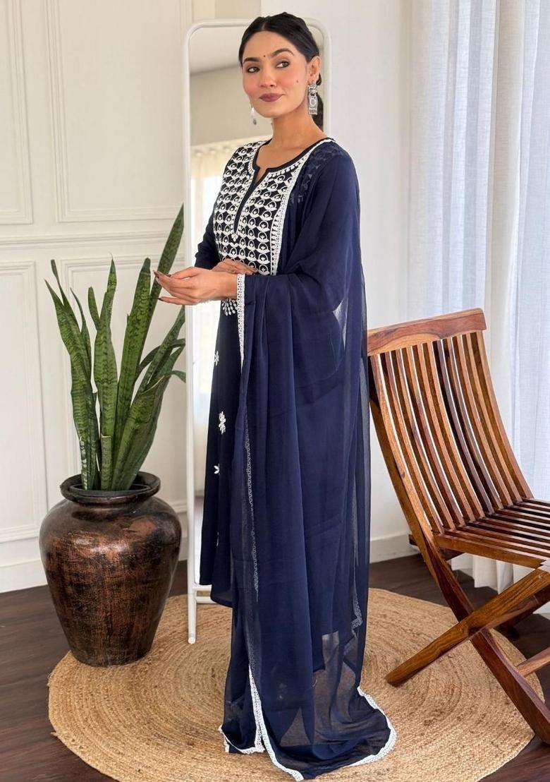 Navy Blue Embroidered Viscose Kurta Set - Indya