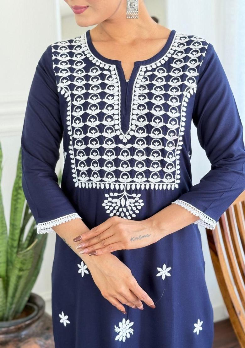 Navy Blue Embroidered Viscose Kurta Set - Indya