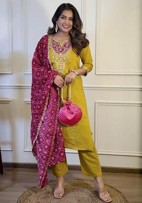 Yellow Embroidered Viscose Kurta Set