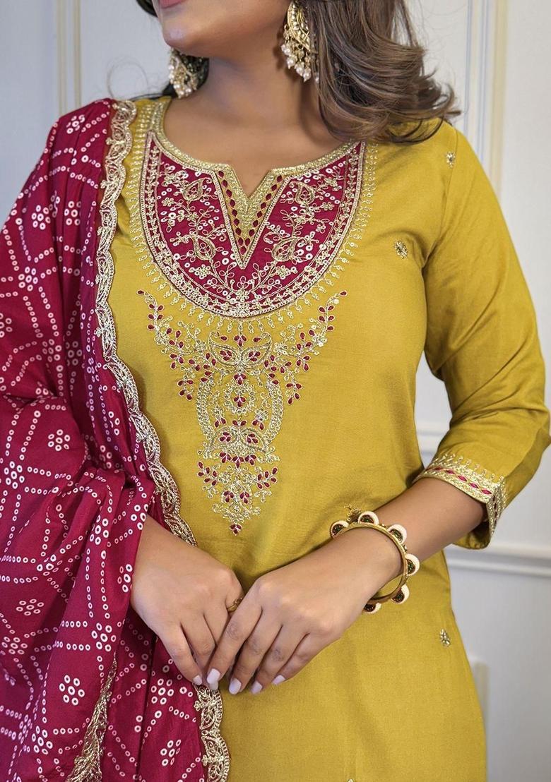 Yellow Embroidered Viscose Kurta Set - Indya