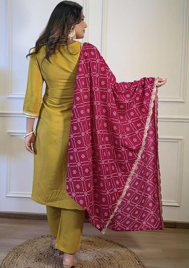 Yellow Embroidered Viscose Kurta Set - Indya