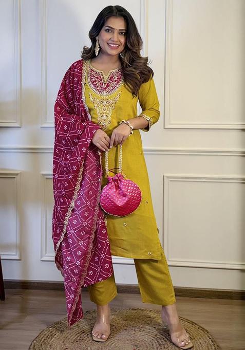 Yellow Embroidered Viscose Kurta Set — view on Indya