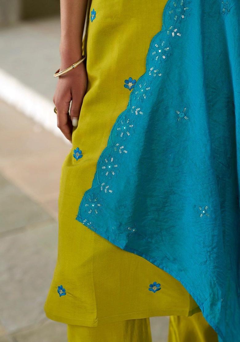 Lime Green Embroidered Viscose Kurta Set - Indya