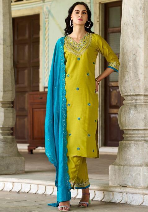 Lime Green Embroidered Viscose Kurta Set — view on Indya