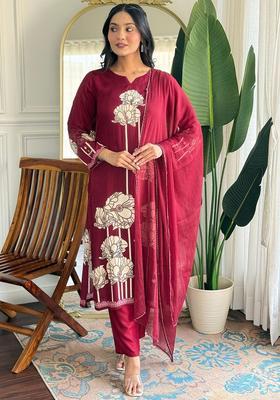 Maroon Printed Viscose Kurta Set