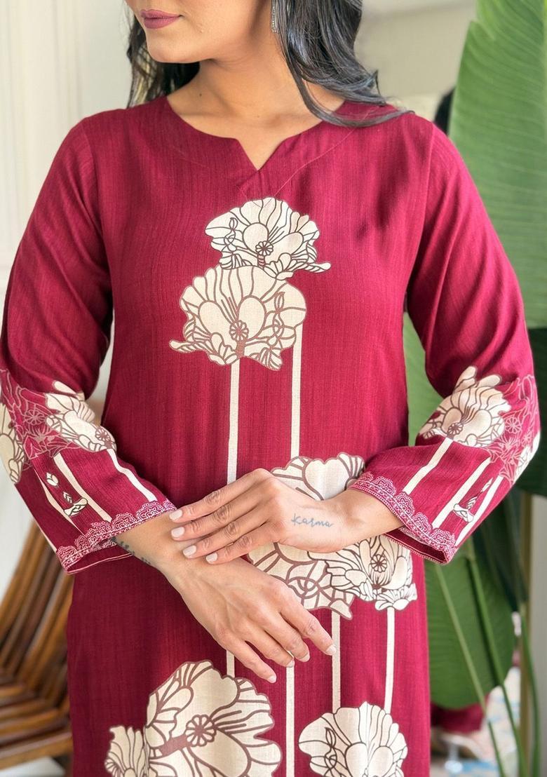 Maroon Printed Viscose Kurta Set - Indya