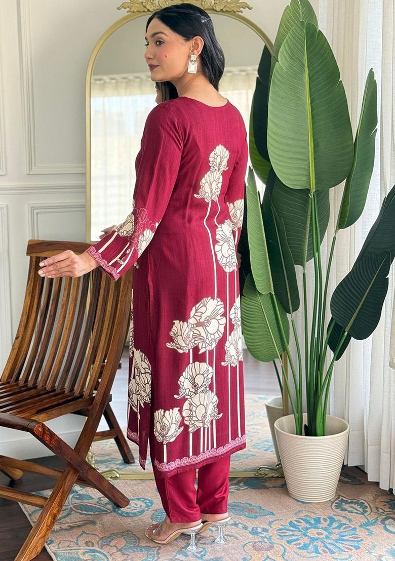 Maroon Printed Viscose Kurta Set - Indya