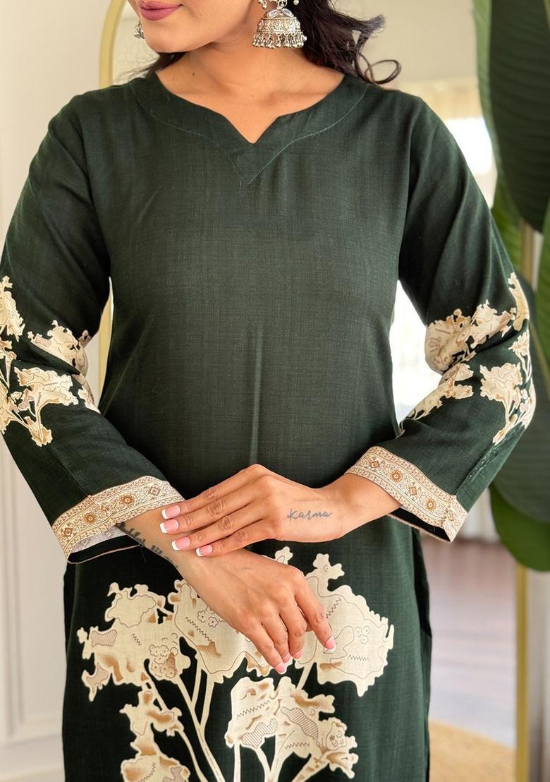 Green Printed Viscose Kurta Set - Indya