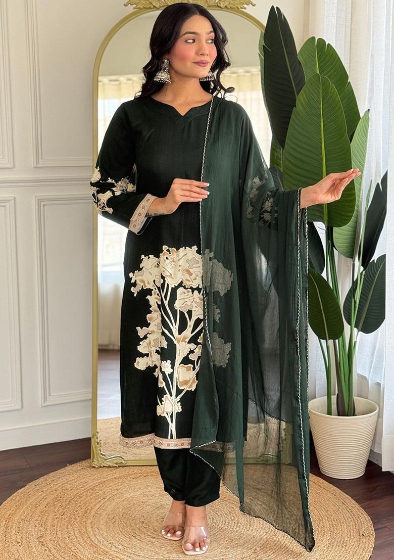 Green Printed Viscose Kurta Set - Indya