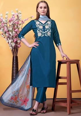 Teal Embroidered Viscose Kurta Set