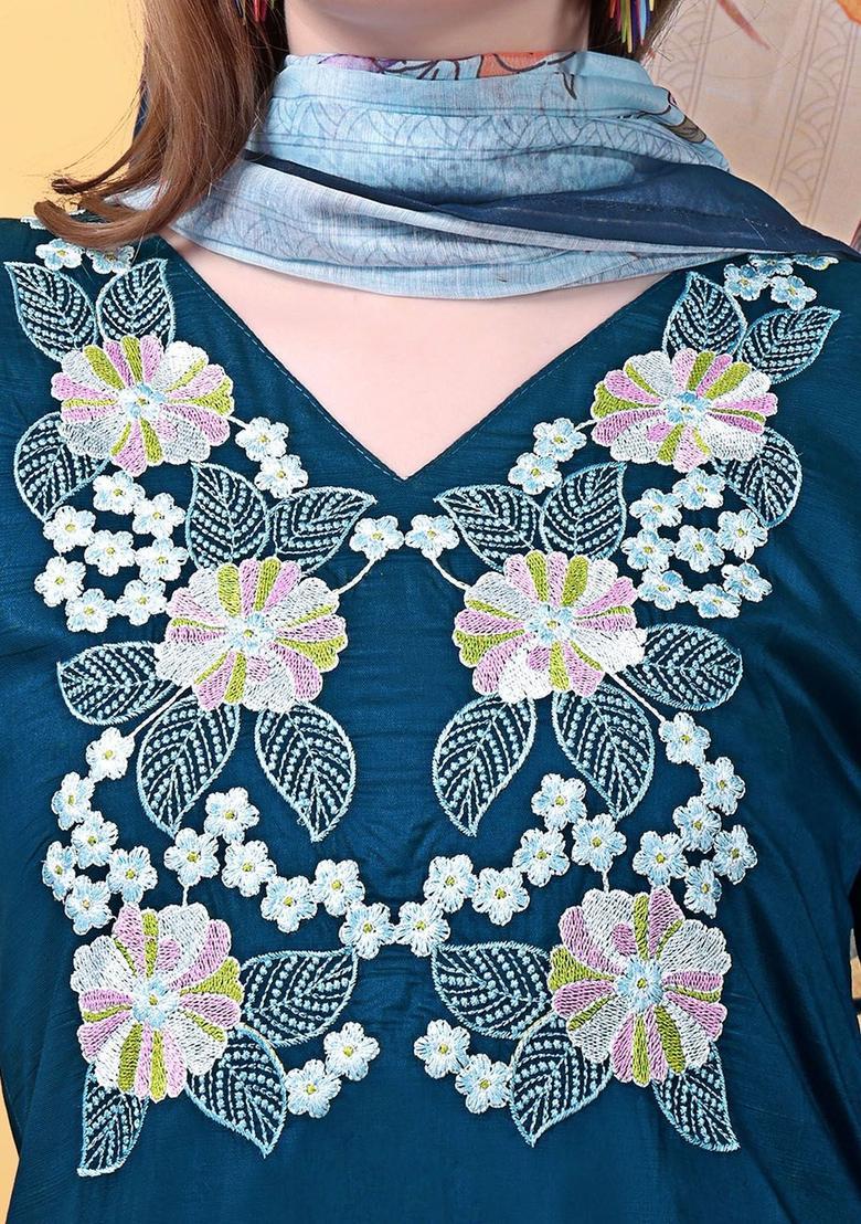 Teal Embroidered Viscose Kurta Set - Indya