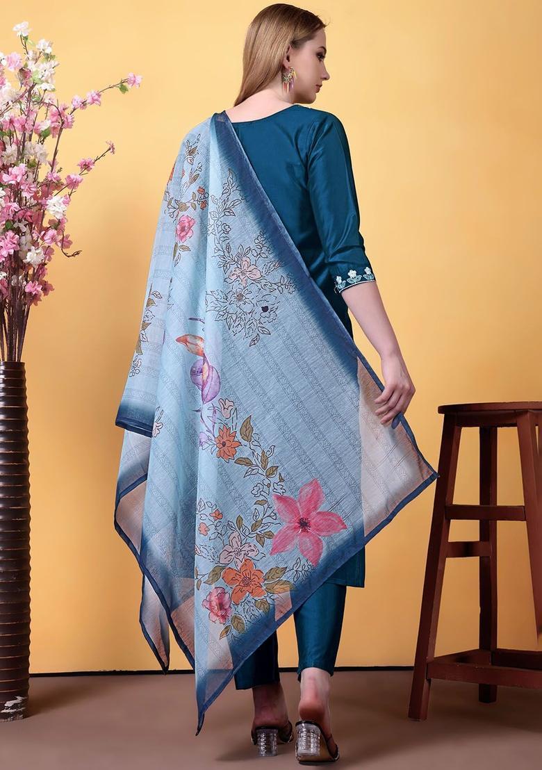 Teal Embroidered Viscose Kurta Set - Indya