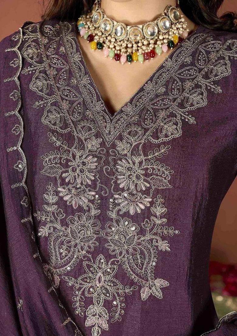 Purple Yoke Design Silk Kurta Set - Indya