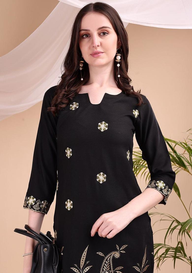 Black Printed Viscose Kurta Set - Indya