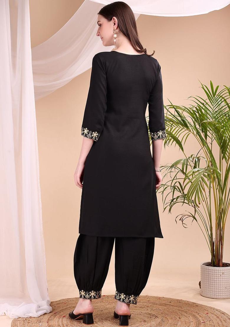 Black Printed Viscose Kurta Set - Indya