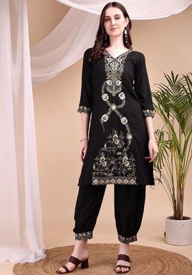Black Embroidered Viscose Kurta Set