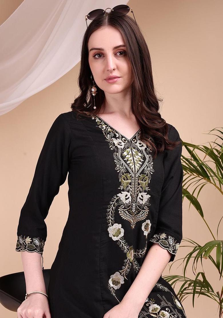 Black Embroidered Viscose Kurta Set - Indya