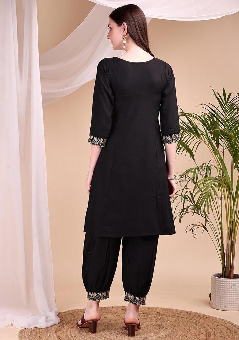Black Embroidered Viscose Kurta Set - Indya