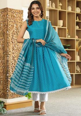 Blue Printed Viscose Anarkali Set