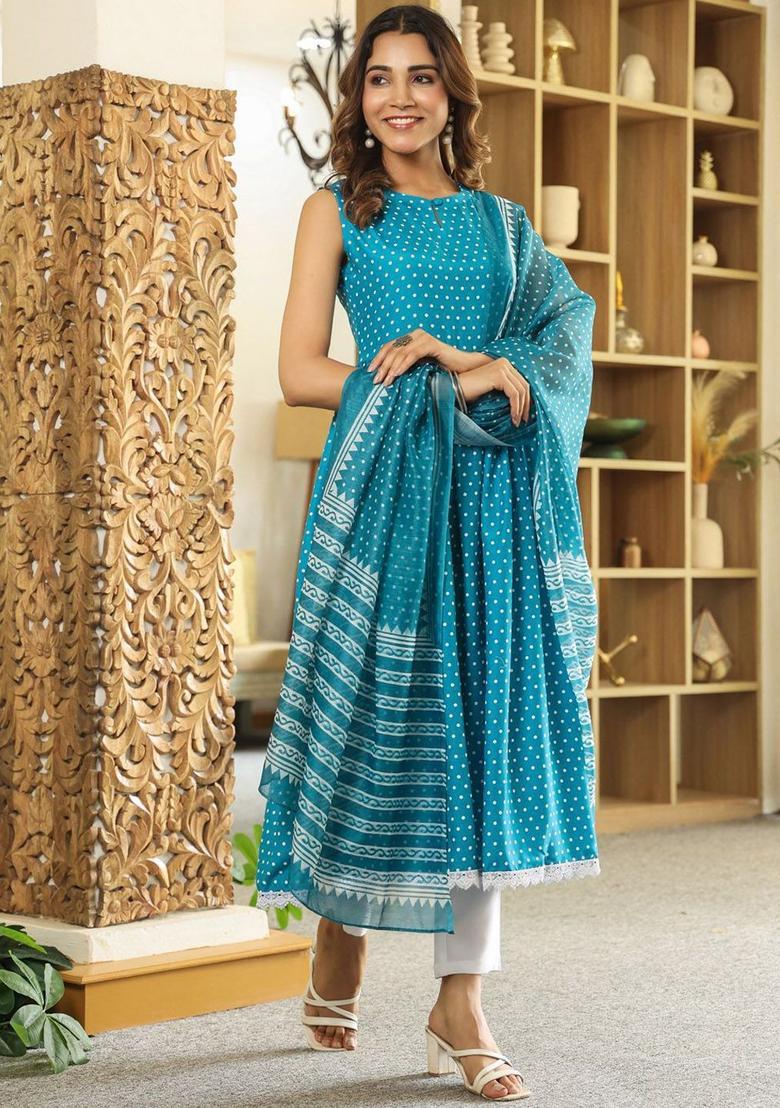 Blue Printed Viscose Anarkali Set - Indya