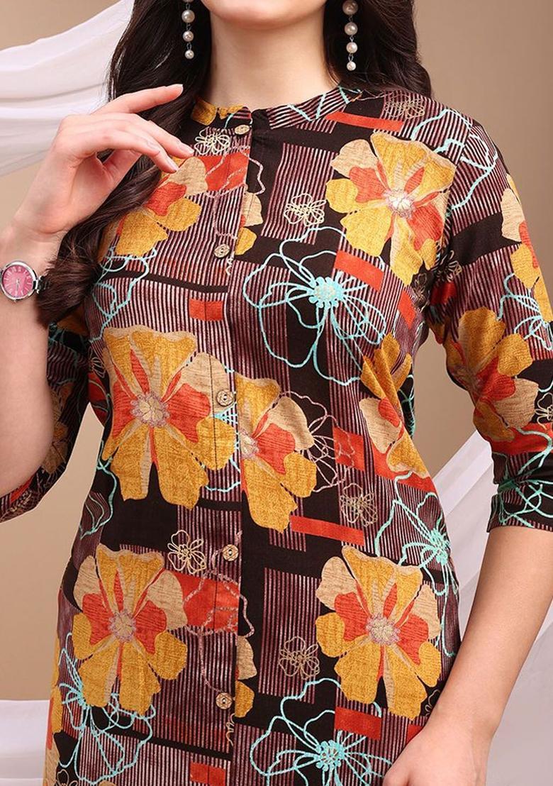 Mustard Printed Viscose Kurta Set - Indya