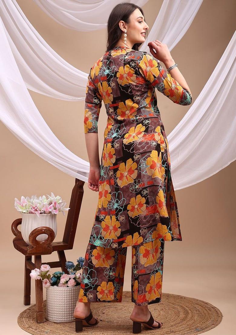 Mustard Printed Viscose Kurta Set - Indya