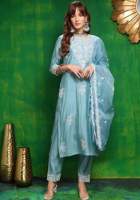 Blue Embroidered Silk Kurta Set